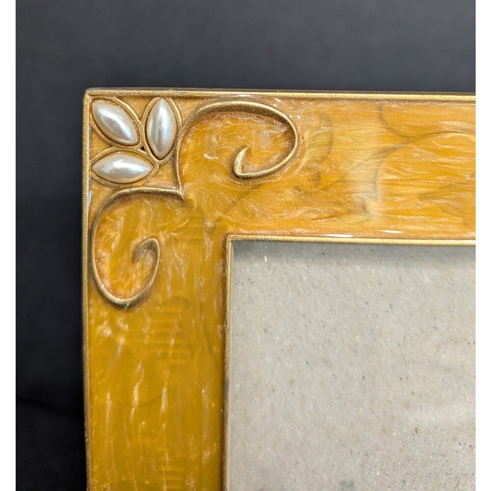 Vintage Connoisseur Picture Frame Yellow Enamel Gold Scroll Pearl Corners 3.5x5